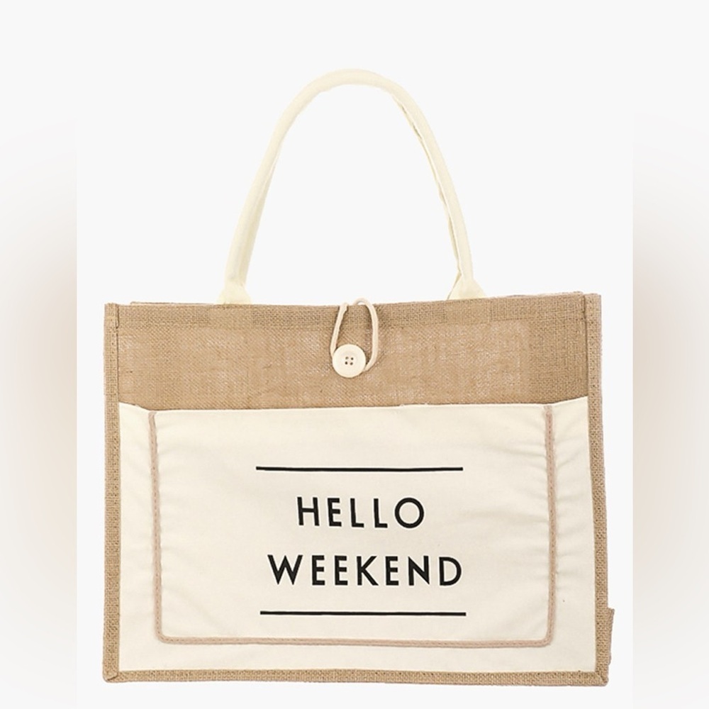 Fame Hello Weekend Burlap Tote Bag - Picture 7 of 8